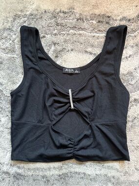 Julia Black Ribbed Crop Tank with Rhinestone Detail